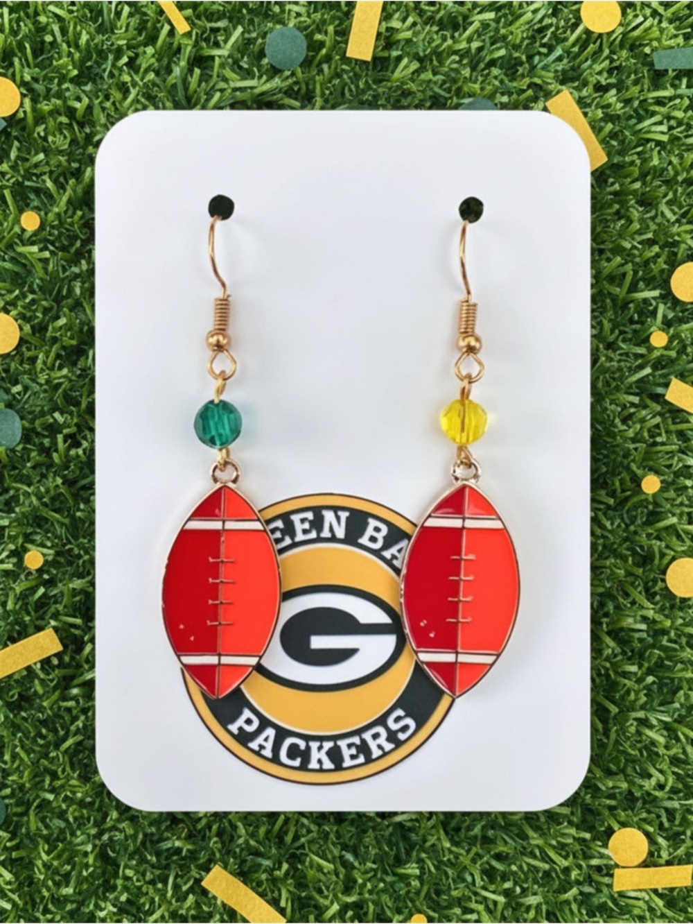 New Handmade "Green Bay Packers" Football Dangle Earrings (Version A)